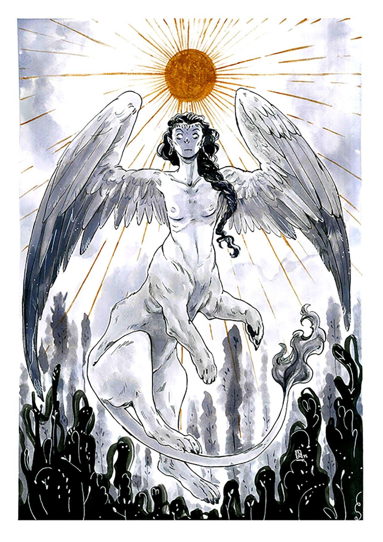 Illustrazione con inchiostro e acquerello metallico su cartoncino raffigurante una sfinge aslata dai capelli lunghi che si staglia al centro della scena con il sole sopra di sé.